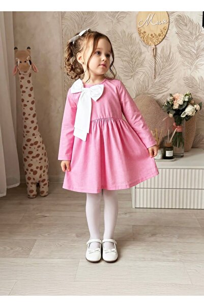 İpek Baby Pink Polka Dot Ribbon Detailed Woven Dress for Girls
