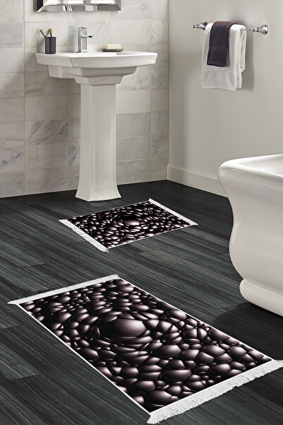 Empressco Non-Slip Base Djt Toilet Set Luna Cotton Fringed Geometric Black