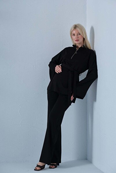 BUSA Maternity Spanish Sleeve Zipper Collar Wide Leg High Waist Steel Suit Black