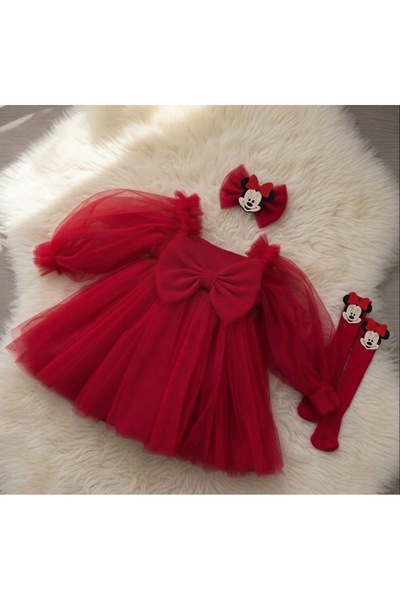 kokosh _ kidss burcu sapmaz Girl's Red Tulle Dress Socks and Buckle Set