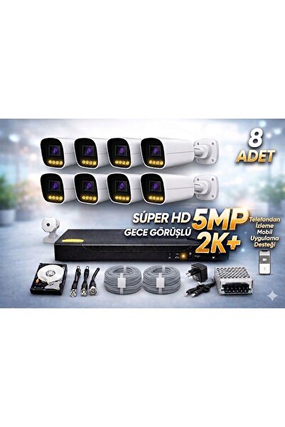 8 KAMERALI GECE GÖRÜŞLÜ VE GÖRÜNTÜLÜ 5 MP AHD GÜVENLİK KAMERASI SETİ 500 GB SÜPER HD 2K+