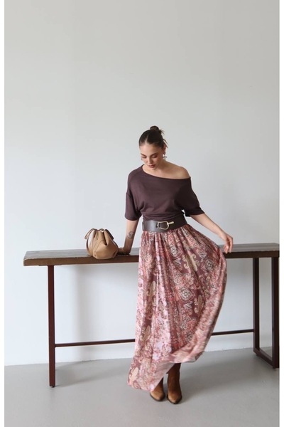 manana fashion Shawl Pattern Belt Piece Long Skirt with Elastic Waist