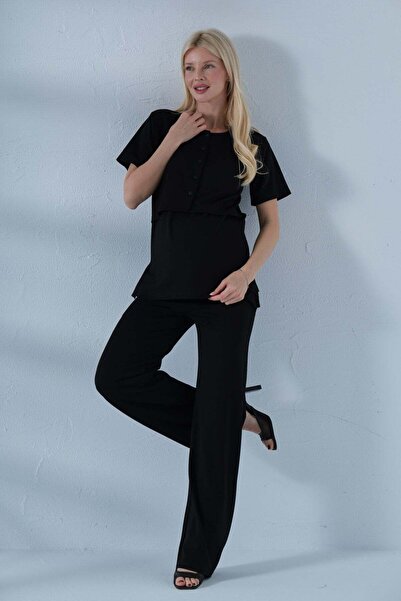 BUSA Maternity Short Sleeve Buttoned High Waist Wide Leg Steel Suit Black