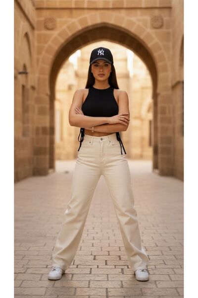 geenz manifacture Cante Γυναικεία Κρεμ Παντελόνια Lycra με ψηλόμεσο φαρδύ τελ...