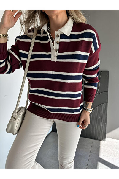 modayasam Striped Buttoned Pola Collar Knit Sweater