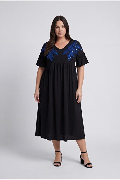 Ebsumu Women's Plus Size Sequin Embroidered Knitted Blue Dress