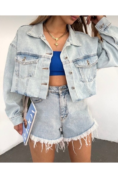 Lyvens Kadın Mavi Oversize Crop Kot Ceket - Altı Kesik Dikişsiz Tasarım Çift ...