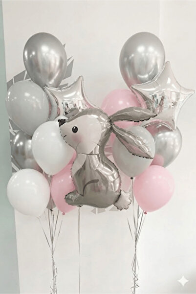 Bunloon Pink Silver Balloon Set with Rabbit Figures, 17-Piece Baby Shower Bir...