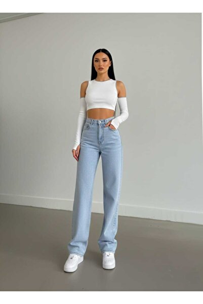 BROSERER Women's Snow Wash Blue Lycra Super High Waist Loose Jeans Palazzo Tr...