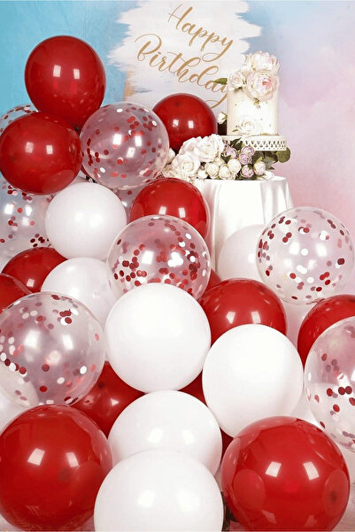 Bunloon Kırmızı Beyaz Şeffaf Balon Seti 16 PARÇA Konfetili Doğum Günü Parti S...