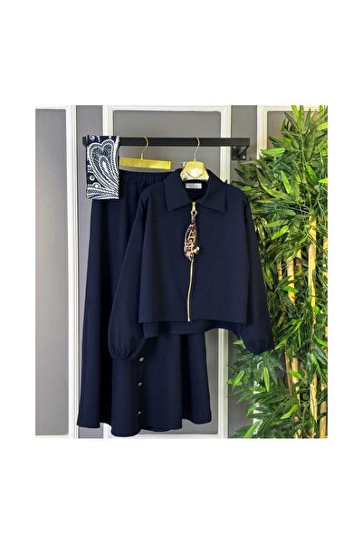 MyZesa Zippered Leopard Detailed Skirt Blouse Bottom Top Set