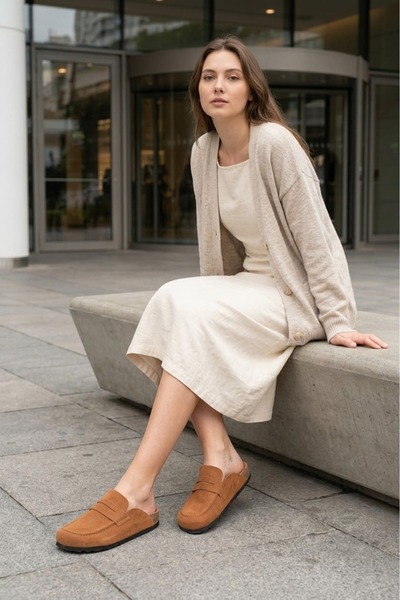 Joy Ayakkabı Women's Tan Genuine Suede Leather Mule Loafer Cork Sole Open Bac...