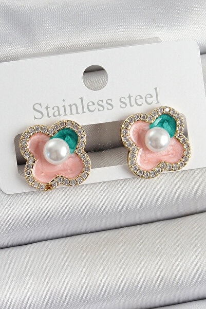 Marsilyan İetaks ™   Brass Pink Enamel Pearl Detailed Zircon Stone Artistic P...