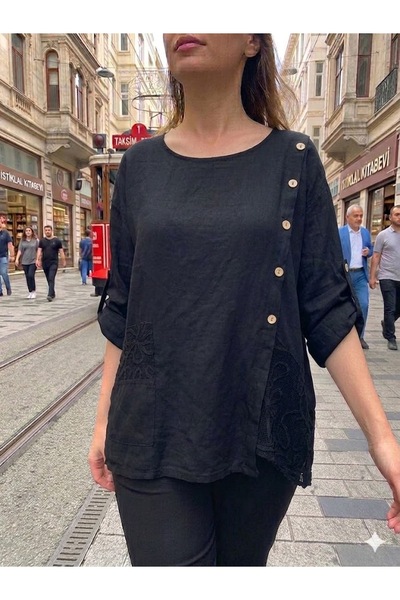 AYASOFYA OTANTIK Women's Italian Black Button Detailed Oversize Loose 100% Li...