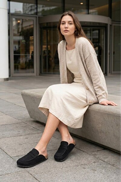 Joy Ayakkabı Women's Black Genuine Suede Leather Mule Loafer Cork Sole Open B...