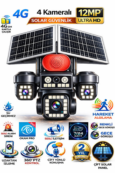 VİVATECH Pro337 12MP 4 Kameralı 4G Solar Akıllı Kamera 16X Zoom İnsan Takibi ...