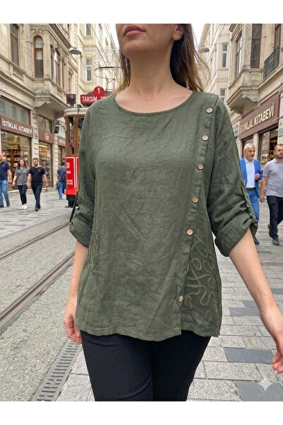 AYASOFYA OTANTIK Katın Italian Khaki Oversized Loose 100% Linen Blouse with B...