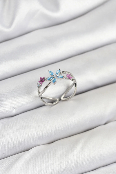 Marsilyan Nvdn- İetaks ™   Brass Silver Color Zircon Stone Blue Floral Women'...