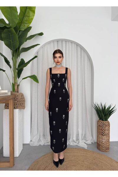 maf collection Women's Black Atlas Fabric Stone Detailed Thick Strap Evening ...