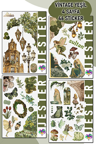 Jester 4 Sayfa Vintage Yeşil Sticker, Çıkartma, Günlük, Ajanda, Planlayıcı, B...