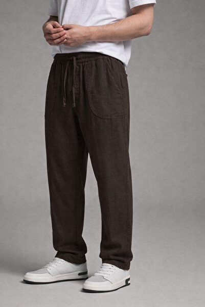 DAMGA JEANS Ανδρικό λινό παντελόνι σε καφέ χρώμα με ελαστική μέση και φαρδιά ...