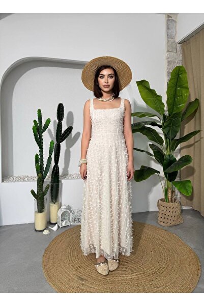 maf collection Women's Ecru Thick Strap Tulle Bow Detail Evening Dress Gradua...