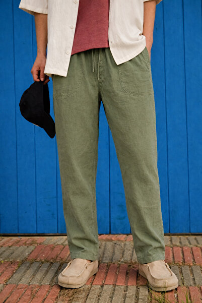 DAMGA JEANS Men's Trend Premium Loose Green Linen Trousers