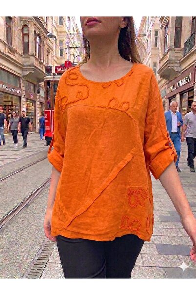 AYASOFYA OTANTIK Women's Italian Orange Floral Embroidered Oversize Loose 100...