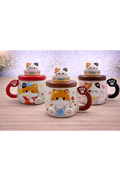 LINETTA STUDIO Sevimli Kedi Kupa Bardak Isıya Dayanıklı Pandalı Hediyelik Kup...