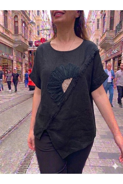 AYASOFYA OTANTIK Γυναικεία ιταλική μπλούζα από 100% λινό, με κεντημένο ασύμμε...