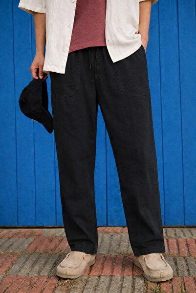 DAMGA JEANS Men's Trend Premium Loose Black Linen Trousers