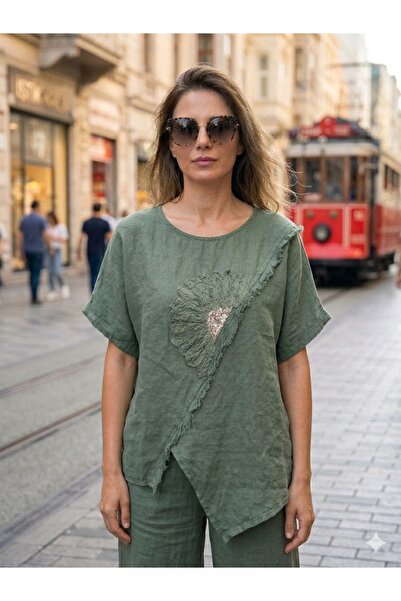 AYASOFYA OTANTIK Bluză de damă italiană, kaki, cu broderie Daisy, asimetrică,...