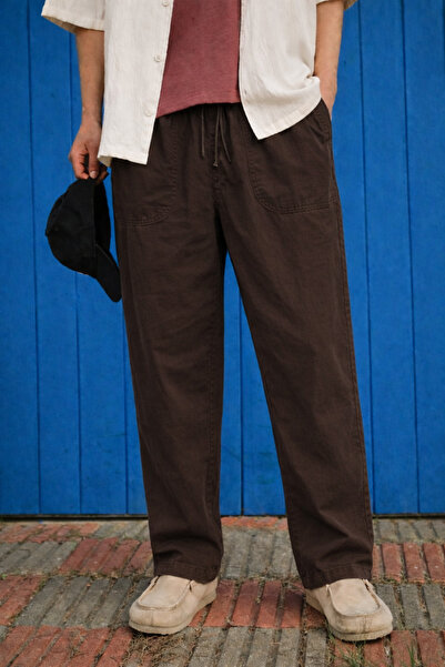 DAMGA JEANS Men's Trend Premium Loose Dark Brown Linen Trousers