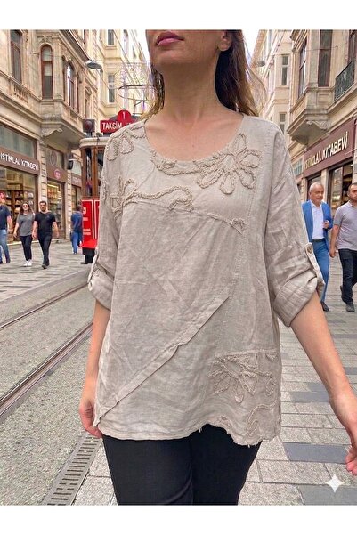 AYASOFYA OTANTIK Women's Italian Beige Floral Embroidered Oversized Loose 100...