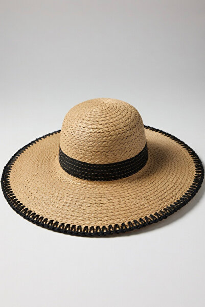 Mollycrush Γυναικείο ψάθινο καπέλο Fedora με μαύρη ταινία και λεπτομέρεια ραφ...