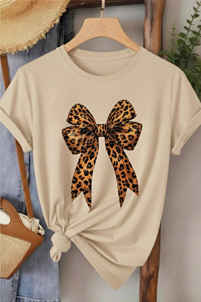 l'eivor Leopard Patterned Ribbon Printed Women's Cotton T-Shirt