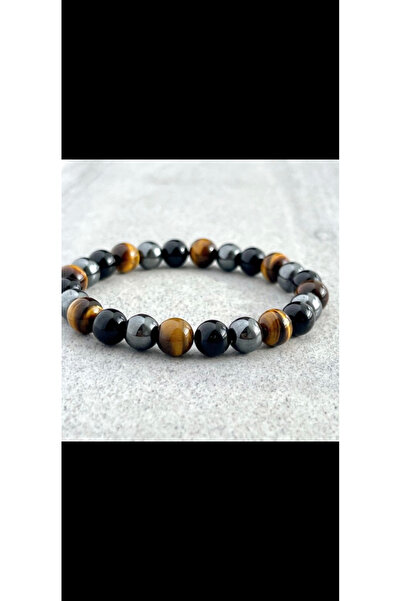 nss sky rock Tiger's Eye Hematite Onyx Bracelet 8mm Natural Stone 15-16 cm El...