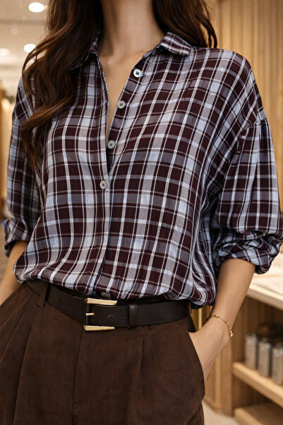 Alizstore Women's Coffee Colored Plaid Oversized Shirt