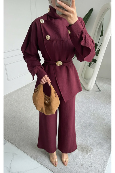 Cardella Set dublu cu curea și nasturi aurii, cu detalii tip pelerină Perla –...