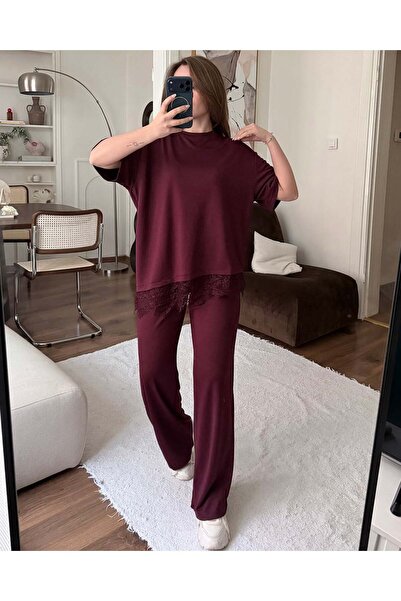 FERZOLAİO Lace Detailed Oversized Burgundy Suit