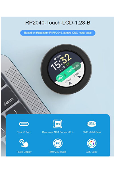 WaveShare RP2040 cu ecran LCD tactil rotund de 1,28 inch cu carcasă metalică ...