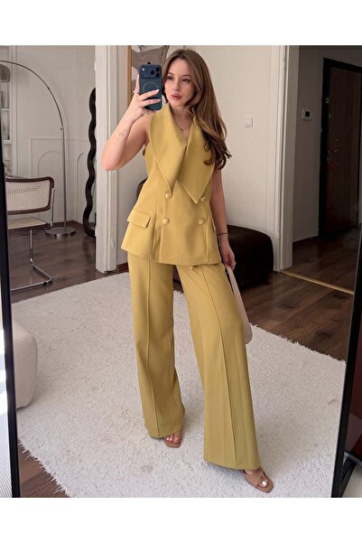 FERZOLAİO Valeria Gold Button Detailed Khaki Vest and Trousers Set