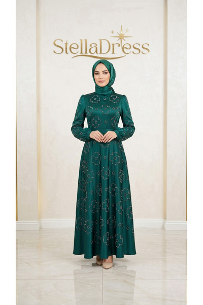 StellaDress Çiçek Desenli Zümrüt Yeşili Saten Abiye