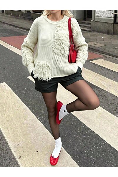 NLT Women's Ecru Textured Shaggy Detailed Oversize Knitwear Sweater -Nl7-324