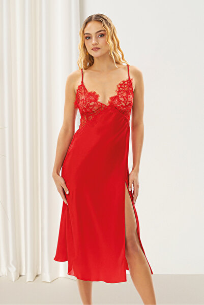 NBB Red Lace Long Satin Nightgown