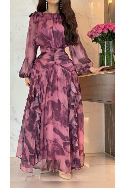 Opera Fashion فستان سهرة طويل شيفون مشجر باكسسوار بالكتف