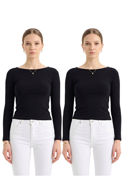 OLİZZA Γυναικεία μαύρη μπλούζα με λαιμόκοψη 2 τεμαχίων, μακρυμάνικη, που αγκα...