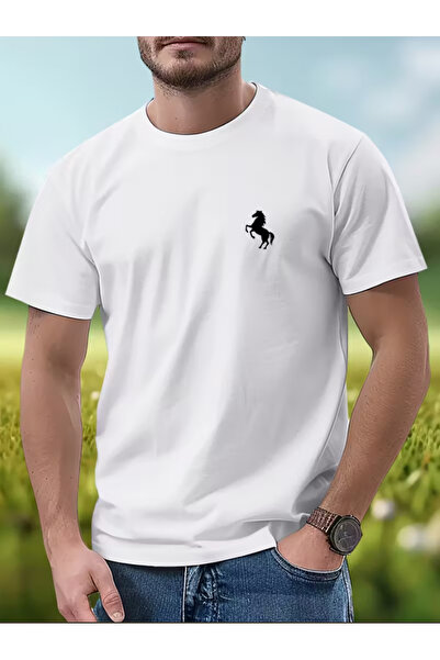 NOURAM تي شيرت رجالي بأكمام قصيرة مطبوع عليه Horse Standing All Men's