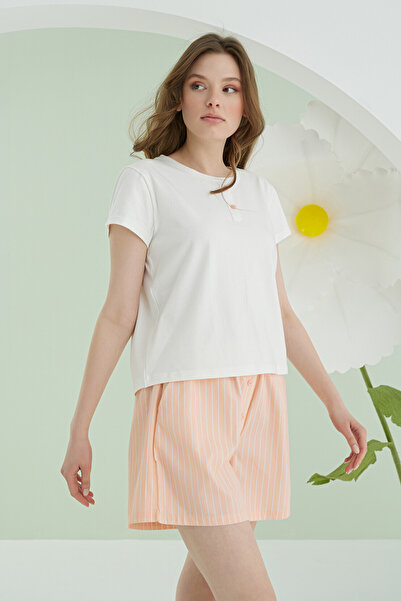 NBB Salmon Front Buttoned Striped Shorts Set