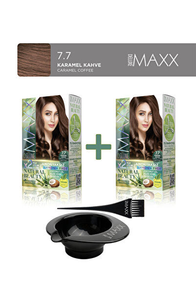 MAXX DELUXE 2'li Natural Beauty Amonyaksız Saç Boyası 7.7 Karamel Kahve, Boya...